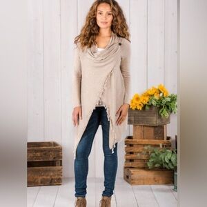 Matilda Jane “Come On Over” Drape Front Fringe Sweater - Medium